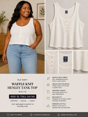 Casual Cropped White Waffle Knit Henley Tank Top Old Navy XL Tall 14/16